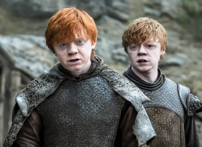 Image similar to hands - on ron weasley as thehnellor in game of thrones, attractive rupert grint as thehnellor in game of thrones, handsome portrait of the actor, live action film, cinematic photo, clear hd image