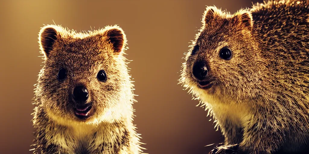 Image similar to Portrait of a happy quokka, splash art, movie still, cinematic lighting, dramatic, octane render, long lens, shallow depth of field, bokeh, anamorphic lens flare, 8k, hyper detailed, 35mm film grain