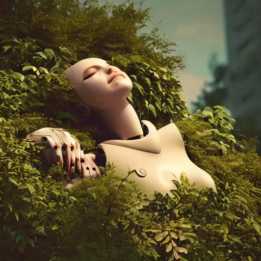 Image similar to side view of a beautiful abandoned human - shaped robot laying on the ground, overgrown foliage taking over it, close - up, 3 5 mm, biopunk, bokeh, beautiful, lens flare, emotional, sweet, flowers, detailed, picture, trending on artstation, award - winning, shiny, golden, angle view, octane render