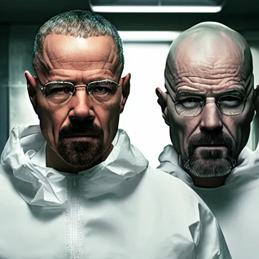 Image similar to obama and walter white wearing hazmat suits, hood off, film still of breaking bad, film grain, insanely detailed faces, realistic faces, photorealistic, 4k