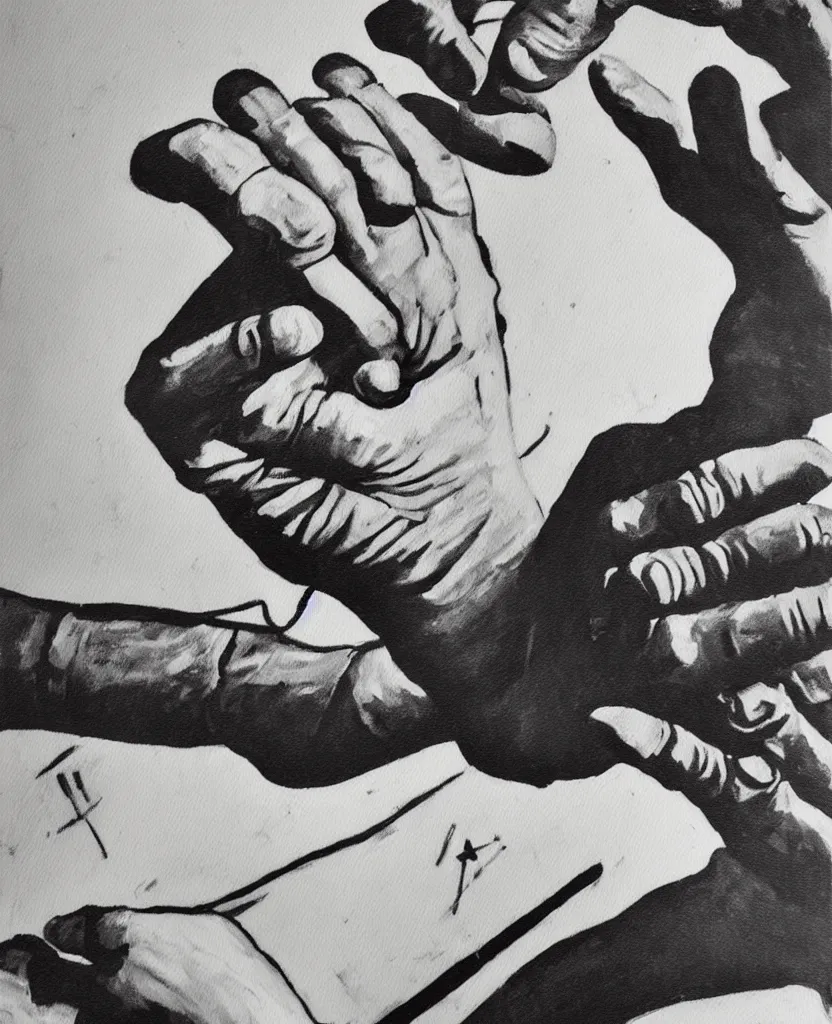 Image similar to a painting of soldier's hands writing a sad letter in el alamein battle, wwii,, black and white, bauhaus