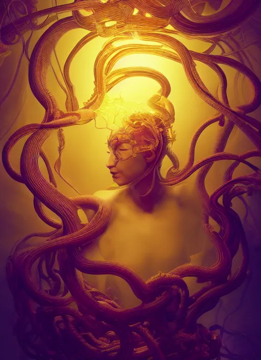 Prompt: subsurface scattering, translucent, medusa made of soft wax, cgsociety, wooden art nouveau swirls, colored smoke, gold cables, neurons, nuclear, in the style of ruan jia and beeple and giger, mystical colors, back light, rim light, dramatic lighting, 8 k, stunning scene, raytracing, octane render