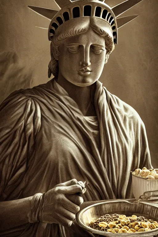 Image similar to The Statue of Liberty eating cereal, oil on canvas, intricate, portrait, 8k highly professionally detailed, HDR, CGsociety