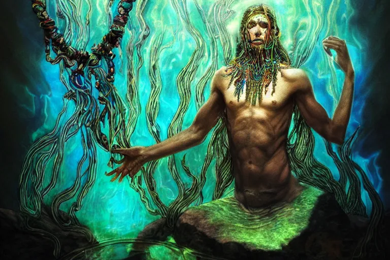 Image similar to psychedelic shaman with trinket necklace, epic angle and pose, reflective pool, symmetrical artwork, ayahuasca, translucent, fungus, energy flows of water and fire, highly detailed, epic cinematic concept art, excellent composition, dystopian brutalist atmosphere, dynamic dramatic lighting, aesthetic, very inspirational, arthouse, Greg Rutkowski, Artgerm