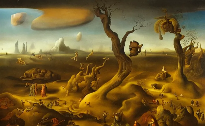 Prompt: very detailed colorful strange disturbing dutch golden age surrealistic landscape with very small humanoid strange figures in the distance with large looming biomorphic figures looming inthe foreground, cast shadows, chiaroscuro, painted by dali and rachel ruysch, timeless disturbing masterpiece perfect composition