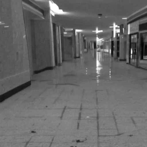 Image similar to beatiful cctv found footage of shadow creature lurking in an empty abandoned mall