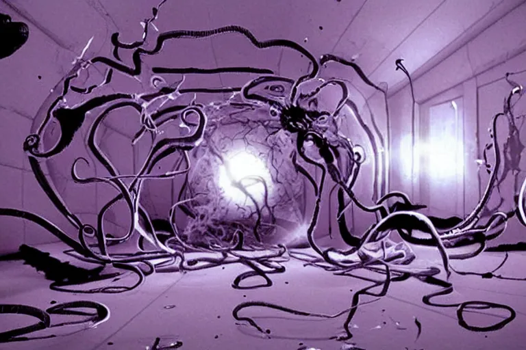 Prompt: 2 0 0 0 s footage of a void monster, empty room, psychological horror, warp, tentacles, eyes, deformed