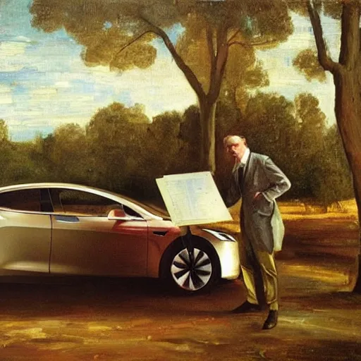 Prompt: Newton buying a Tesla car, oil painting