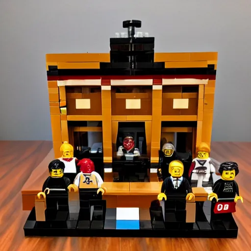 Image similar to Box art for a LEGO set of a court room