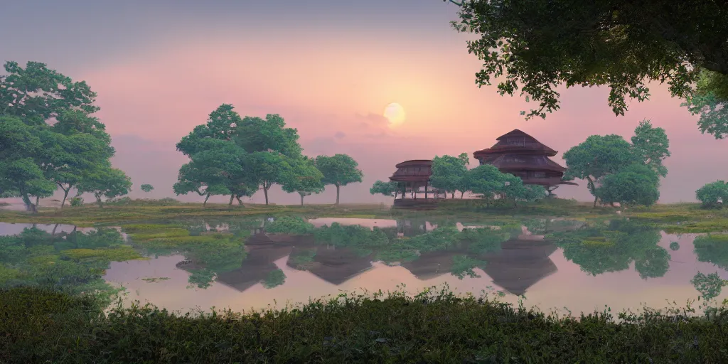 Prompt: a serene landscape with singular building near a lake with lotus at sunrise, pixar style, ghibli studio anime style, 8 k, hdr, octane render, unreal