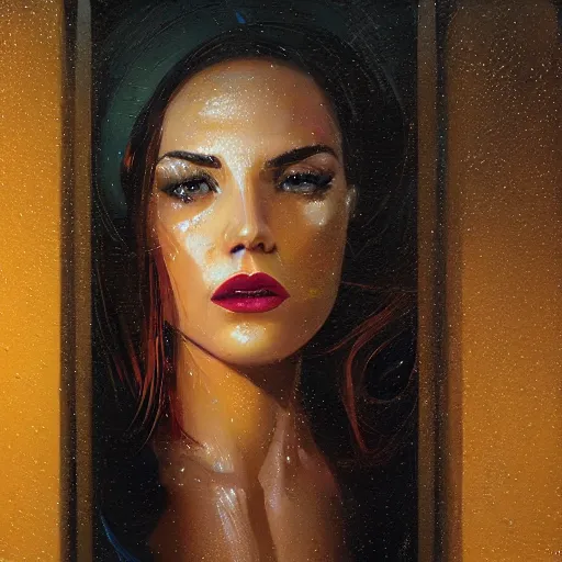 Image similar to detailed face of a woman, lush, opulent, enclosed, utopian, tech noir, wet reflections, prism, atmospheric, ambient, pj crook, syd mead, livia prima, artgerm, greg rutkowski, nick alm, casey baugh