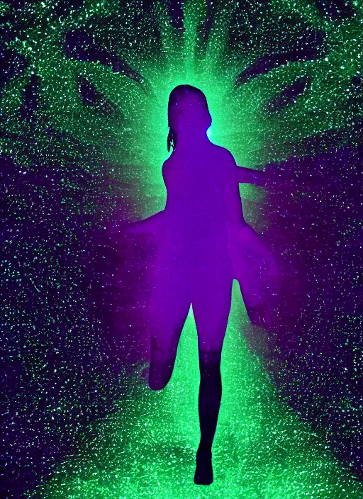 Image similar to a symmetrical female silhouette walking, astral projection, green purple glowing aura, out of body experience, film grain, cinematic lighting, experimental film