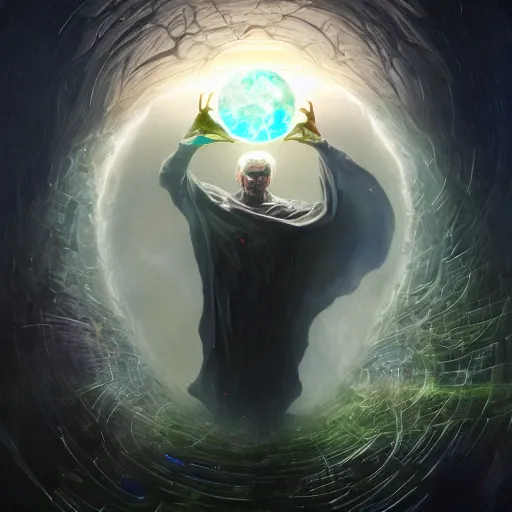 Prompt: the creator of worlds wearing a cloak and holding a holographic planet projection in his hand, face covered in cloth, detailed, sci - fi, digital painting, artstation, sharp focus, illustration, ominous, artgerm, tomasz alen kopera, peter mohrbacher, donato giancola, joseph christian leyendecker, wlop, frank frazetta