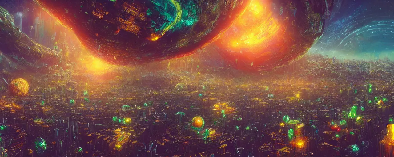 Image similar to outer planet covered in dripping honey with mega cities, [ art by paul lehr, cinematic, detailed, epic, widescreen, opening, establishing, mattepainting, photorealistic, realistic textures, octane render ]