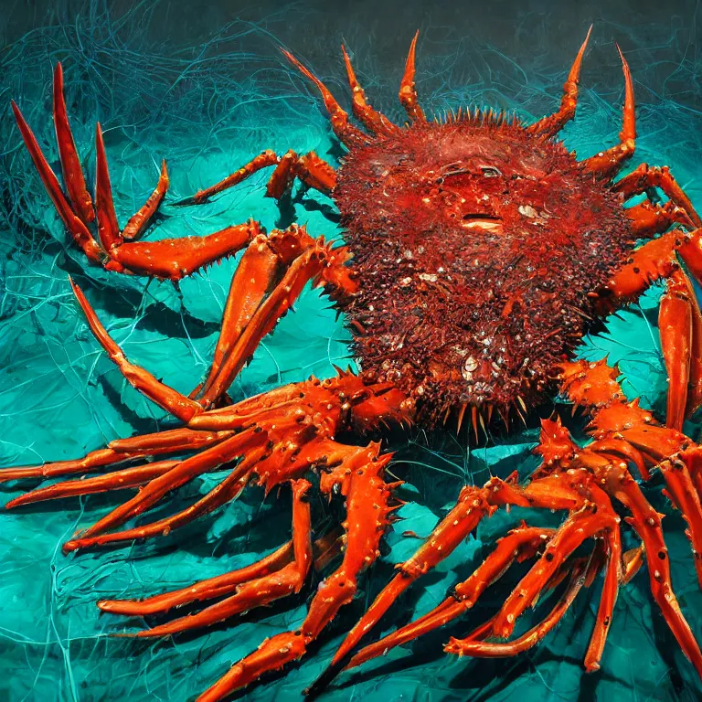 Image similar to Hyperrealistic intensely colored Studio wet collodion Photograph portrait of a deep sea Giant King Crab with large spiked claws deep underwater in darkness long exposure, award-winning nature deep sea expressionistic impasto heavy brushstrokes oil painting by Fabian Marcaccio and Matthew Barney and Audubon vivid colors hyperrealism 8k