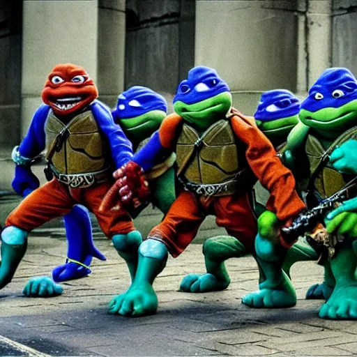 Prompt: Epic shot of Teenage Mutant Ninja Turtles coming out from the sewers