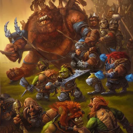 Image similar to battle of trolls orcs goblins dwarfs elves knights, oil painting by justin gerard, deviantart