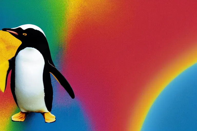 Image similar to a cinematic photo of a penguin, rainbow, lemonade, masterpiece