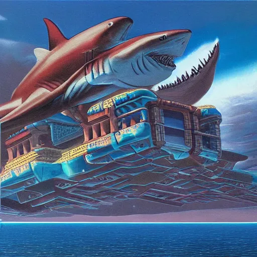 Prompt: side view a beautiful painting of a shark palace by Angus Mckie, Trending on artstation future space