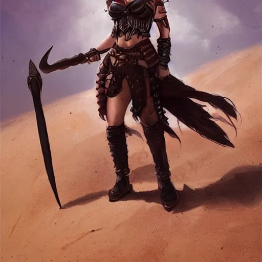 Prompt: Portrait of a strong fierce female berber tiefling barbarian with black hair in a ponytail wearing a steel breastplate in a desert, art by greg rutkowski