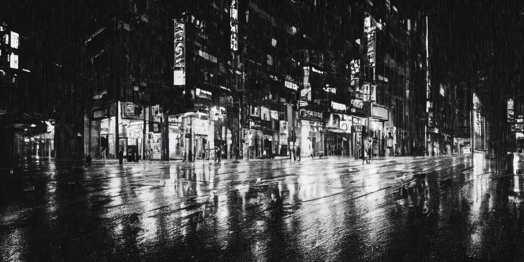 Prompt: a city street at night, raining, photograph, cyberpunk, sharp focus, intricate detail, Desolate, drone shot,