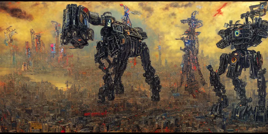 Image similar to Giant War Robot in the middle of Tokyo in style of Gustave Moreau. Symbolism, Detailed Art, 8K, Epic, Dynamic Lightning.