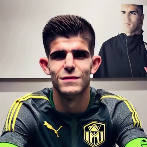 Image similar to “a realistic detailed photo of a guy who is an attractive humanoid who is half robot and half humanoid, who is a male android, Christian Pulisic, shiny skin, posing like a statue, blank stare, press conference, on display”