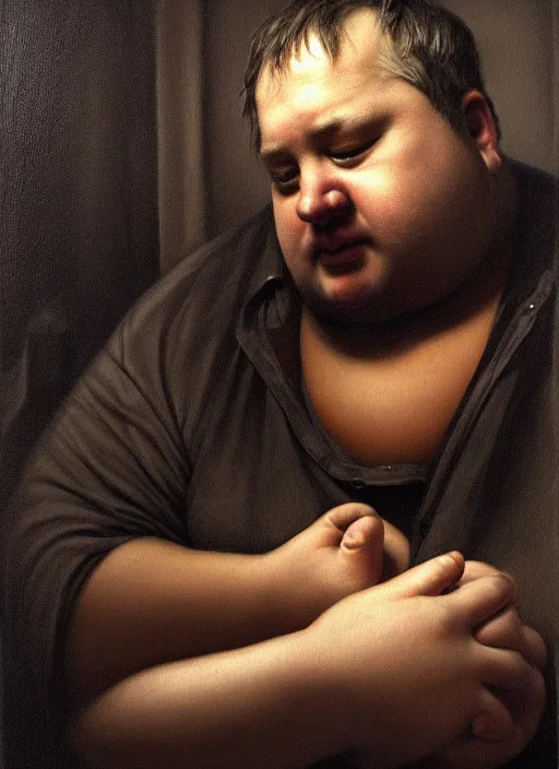 Image similar to insanely detailed chiaroscuro image of a exhausted - looking slightly fat casually - dressed programmer guy on his knees facing his glowing ultrawide computer monitor monitor begging it for forgiveness, oil on canvas, masterwork, fine detail, trending on artstation, emotive, insanely compelling, ryden, greg rutkowsky, moebius