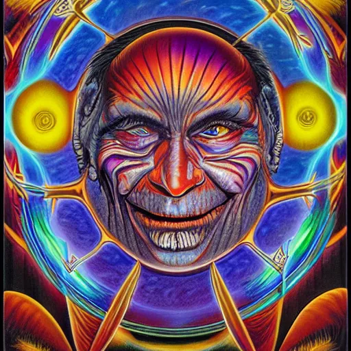 Prompt: Alex Grey artwork of a scheming jester offering a card