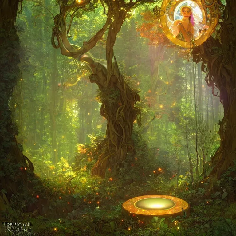 Image similar to Fantasy Magical fairy-tale glowing stone portal in the forest. Round stone portal teleport in trees to other worlds. Fantastic landscape. Magic Altar in the fores, highly detailed, digital painting, artstation, concept art, smooth, sharp focus, illustration, art by alphonse mucha