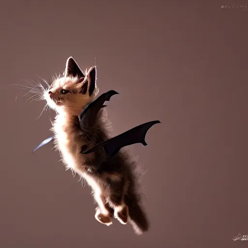 Image similar to a bat kitten flying, Canon EOS R3, telephoto, very detailed, 4k