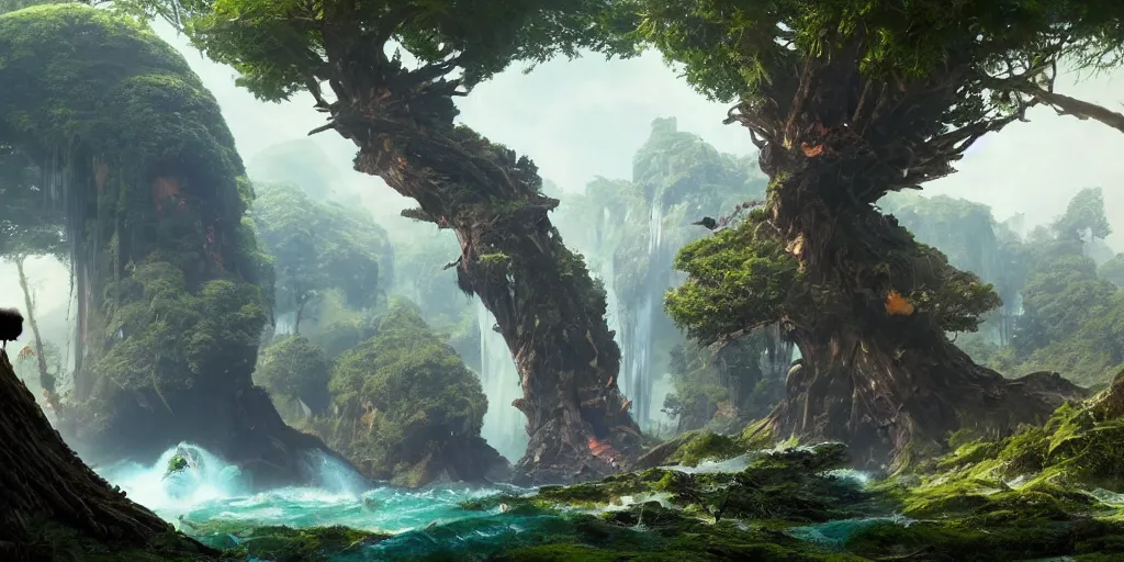 Image similar to Fantasy overgrown world , planet, giant whale floating, waterfalls, ancient tree, Greg Rutkowski, Frank Frazetta, Kim Jung Gi, trending on Artstation, 8K, ultra wide angle, pincushion lens effect.