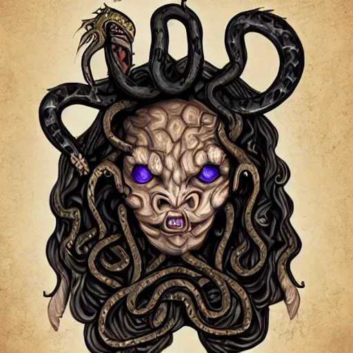 Image similar to torquoise fantasy fanged medusa, medusa head, snake heads, medusa head, snake heads, medusa head, snake tongue, snake tongue, snake tongue, snake tongue, snake tongue, snake tongue,, snake eyes, hair made of snake eyes, fantasy game art, fantasy rpg, league of legends