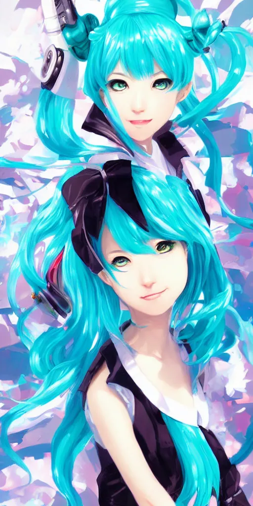 Image similar to A very beautiful painting of Hatsune Miku by rossdraws, wlop, artgerm, Gil Elvgren, Ilya kuvshinov