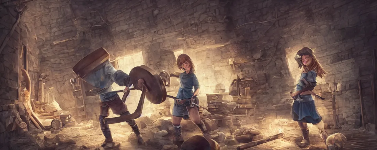 Prompt: blacksmith cute girl hitting with a hammer, anvill, epic digital art illustration, wide angle, masterpiece, dynamic wide perspective, anatomy skills, outstanding detail, illustration, colorgrading, LUTs, octane render, redshift, simulation, | 28mm |, great composition by sixmorevodka studio