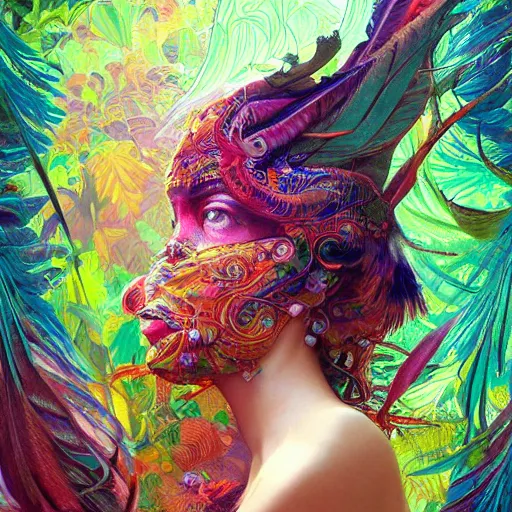 Image similar to A reality bending psychedelic ayahuasca experience, colorful, distorted, surreal, tropical bird feathers, dramatic lighting on the face, intricate, elegant, highly detailed, digital painting, concept art, smooth, sharp focus, illustration, art by Krenz Cushart and Wayne Barlowe and alphonse mucha