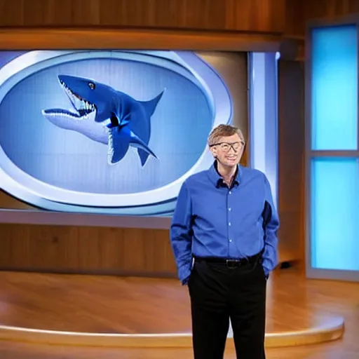 Image similar to Bill Gates, wearing a blue shirt and a white hat, investing in a company, in Shark Tank (2016)