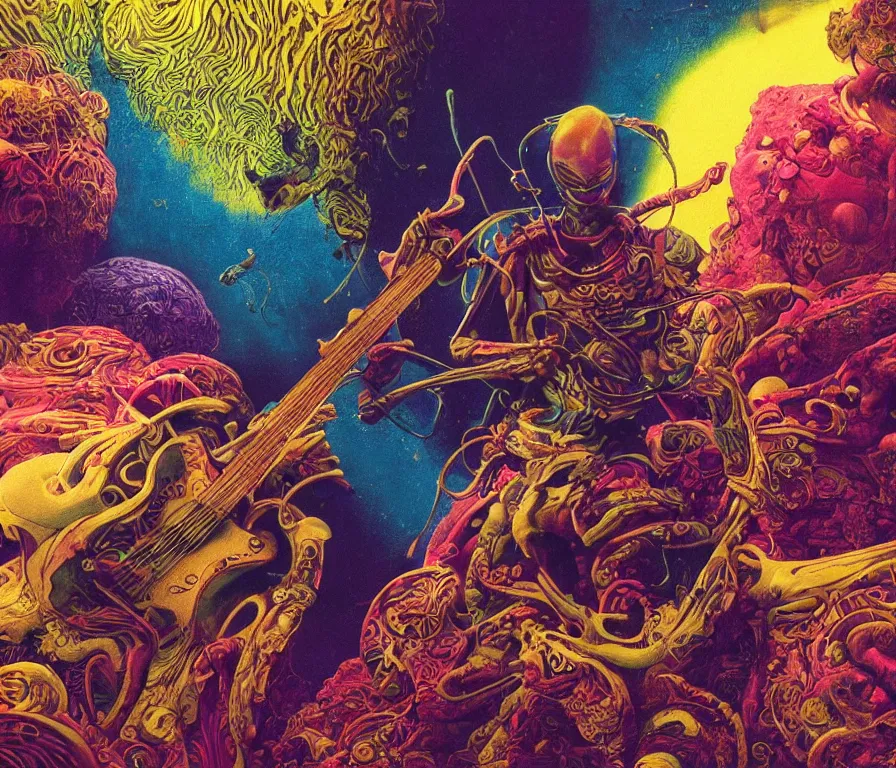 Prompt: colourful prince playing guitar, afrofuturist biomorphic opart flowing scifi background, octane render 8 k, pascal blanche, josh kirby, roger dean, james jean, giger, arthur rackham, moebius, syd mead, killian eng beksinski, greg hildebrandt, scifi, 8 k,