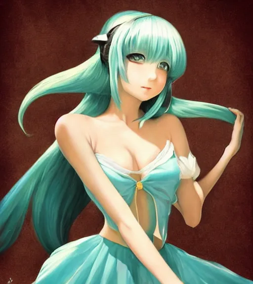 Prompt: Anime art very beautiful Hatsune miku by Gil Elvgren, Vladimir Volegov, Earl Moran, Enoch Bolles, symmetrical shoulders, coherent palms