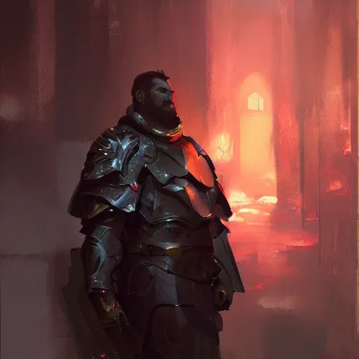 Prompt: Portrait painting of a paladin by greg rutkowski and Craig Mullins, Dark atmospheric and cinematic lighting