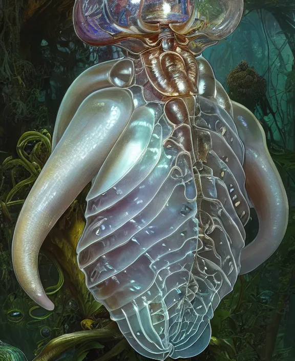 Prompt: opulent transparent clear see - through portrait of a terrifying beautiful male body alien isopod sea slug, mottled coloring, adorable, childlike, overgrown biopunk jungle environment, ultra realistic, concept art, art nouveau, photorealistic, octane render, 8 k, unreal engine. art by christopher marley and artgerm and greg rutkowski and alphonse mucha