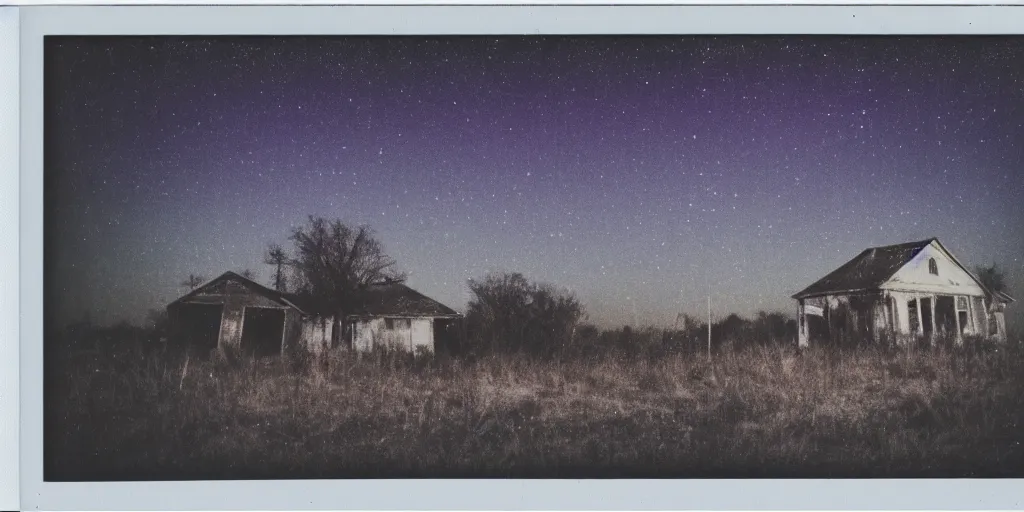 Image similar to polaroid photo of an abandoned house on a wasteland, deep purple starry sky, slight color bleed, grain