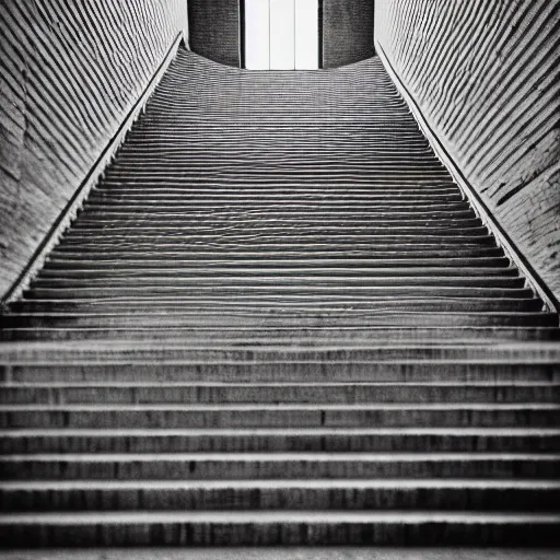 Image similar to black and white surreal photograph, highly detailed vast space made of stairsteps, sideview, detailed textures, natural light, mist, architecture photography, film grain, soft vignette, sigma 1 4 mm f / 1. 4 1 / 1 0 sec shutter, imax 7 0 mm footage