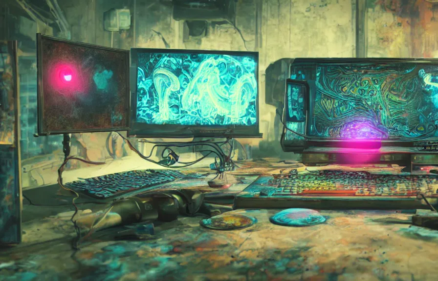 Image similar to A realistic painting of a vintage computer, with a psychedelic mushroom on the screen, in a post apocalyptic setting, unreal 5, DAZ, hyperrealistic, octane render, RPG portrait, dynamic lighting