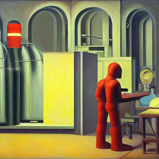 Image similar to engine room, turbines, robot repairmen, reactor core, grant wood, pj crook, edward hopper, oil on canvas