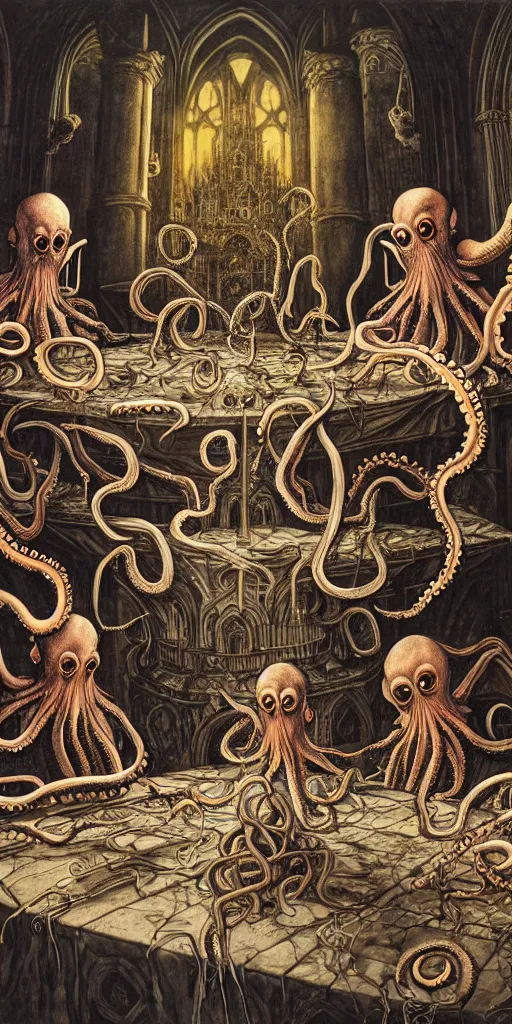 Image similar to group of mages with octopus heads sitting near the table in ancient mage castle with enormous scale, gothic and barocco, brutalist architecture, ultradetailed, Intricate by John Howe and Josan Gonzalez and James Jean and Giuseppe Arcimboldo