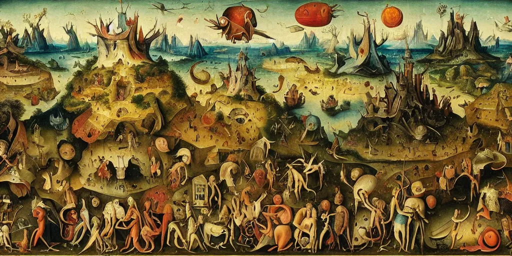 Prompt: a depiction of qualia in the style of heironymus bosch, beautiful intricate colorful masterpiece, hyper detailed, hd