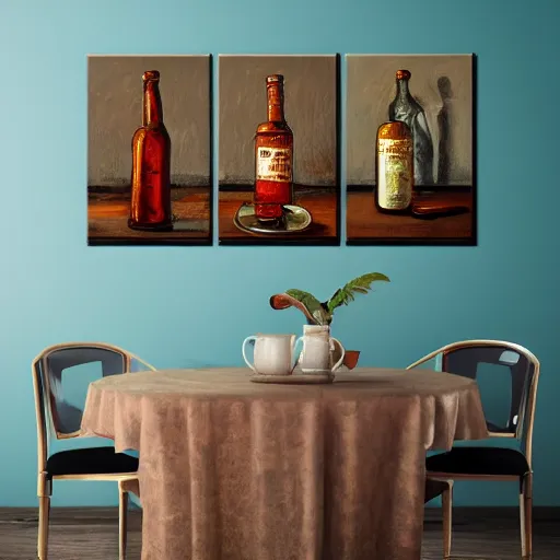 Image similar to a room with four bottles on the floor and a painting of three bottles hanging on the wall, trending on artstation, intricately ordinated oil painting