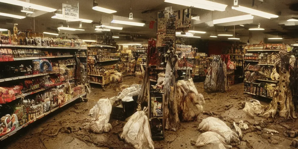 Prompt: studio happy creepy mud people inside a supermarket by bob bottin and cronenberg, horror grotesque, realistic detailed photography, filth and grim, colorized 1 9 9 0's