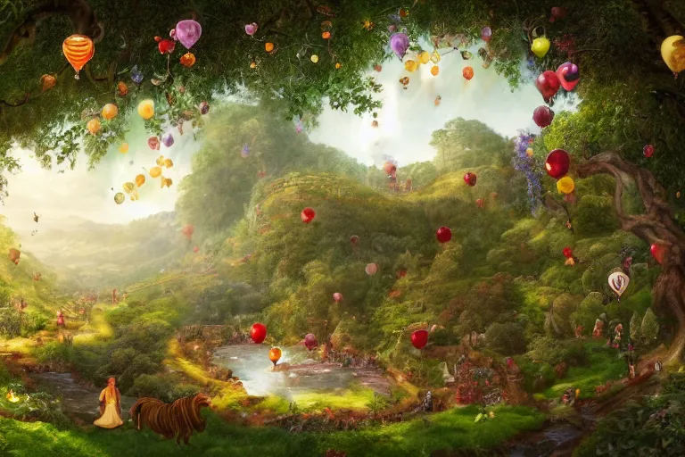 Image similar to illustration of the garden of Eden, river of wine, waterfall of milk, stream of honey, trees full of new fruits, beautiful home in the side, people flying using balloons, beautiful, digital art, matte painting, trending on artstation